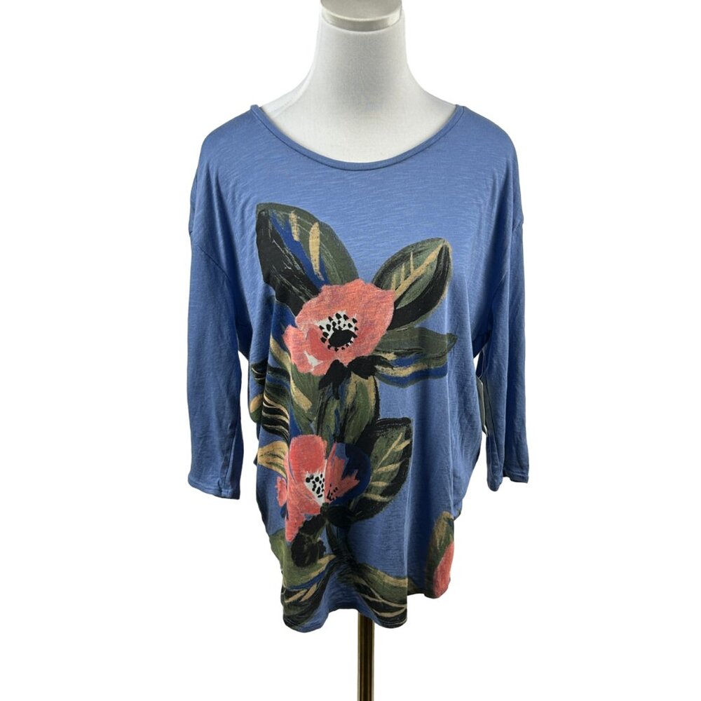 Lucky Brand Top L Biue 3/4 Sleeve Tee Floral Mira Flowers Supima Cotton Blend